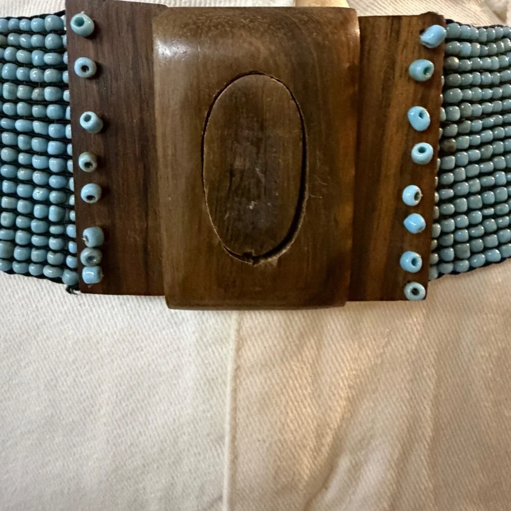 Vintage Beaded Boho Wood Buckle Waist Belt Light Blue Festival Coastal Aesthetic